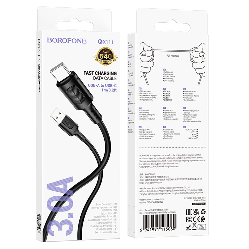 Borofone - Data Cable Feliz Series (BX111) - USB to Type-C, PVC, Universal, 60W, 3A, 1m - Black