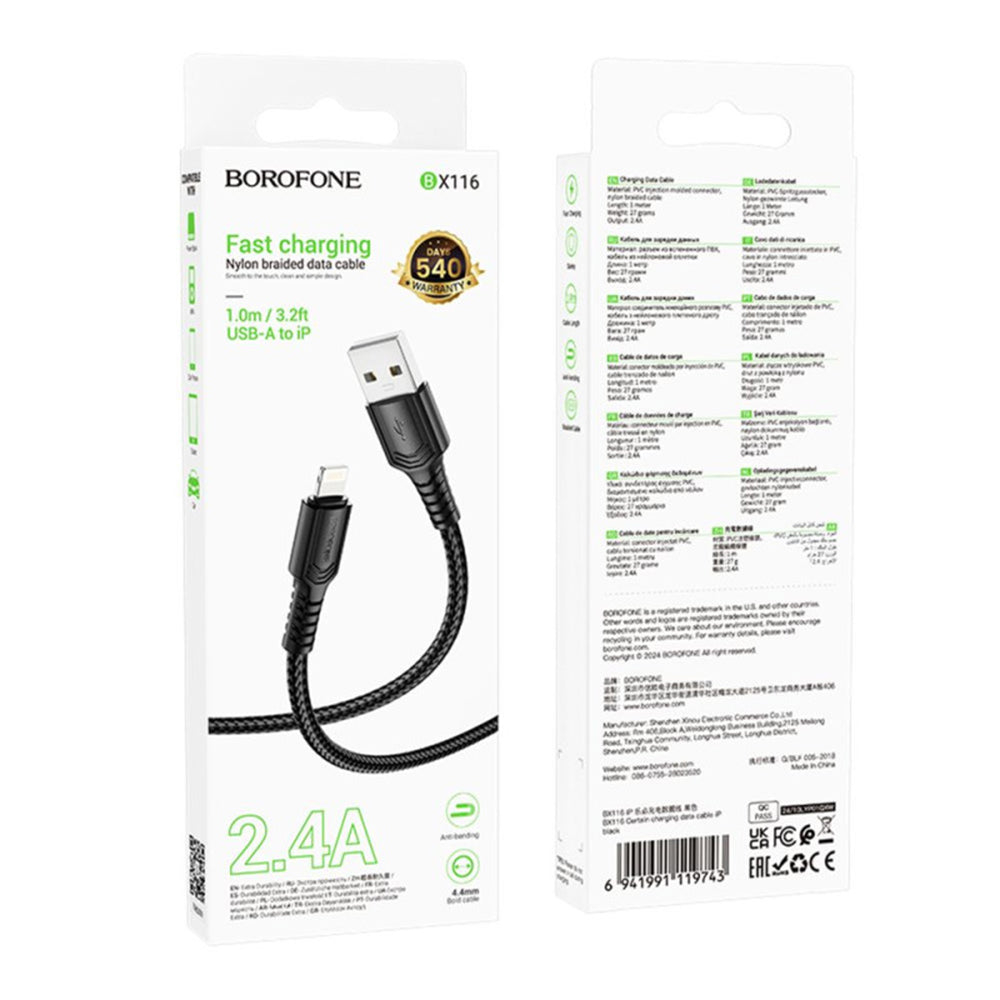 Borofone - Data Cable Certain Series (BX116) - USB to Lightning, Nylon Braided, 2.4A, 1m - Black