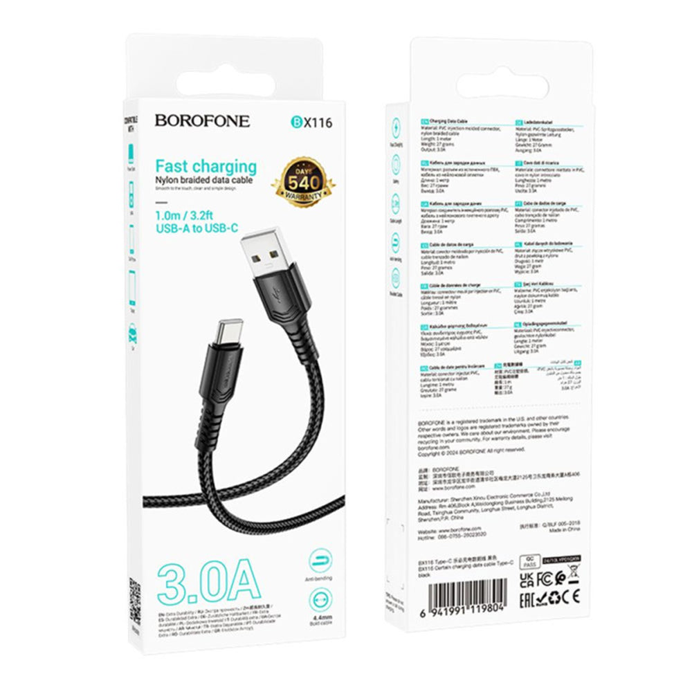 Borofone - Data Cable Certain Series (BX116) - USB to Type-C, Nylon Braided, Fast Charging, 3A, 1m - Black