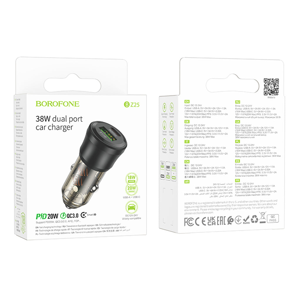 Borofone - Car Charger Journey (BZ25) - USB, Type-C, Fast Charge, Dual Port, PD20W, QC3.0, 38W - Transparent / Black