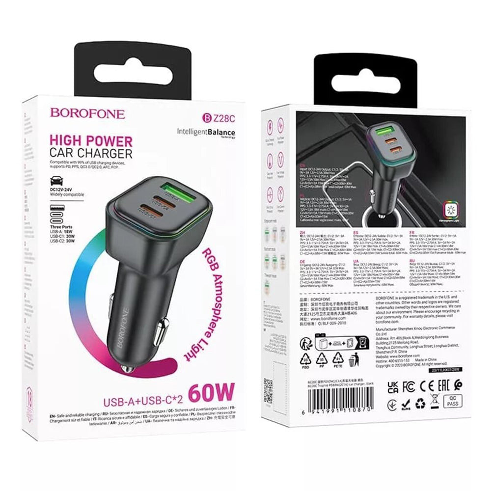 Borofone - Car Charger Trophie (BZ28C) - 1x USB, 2x Type-C, High Power, PD, PPS, QC3.0, FCP, AFC, 60W, RGB, 12-24V - Black