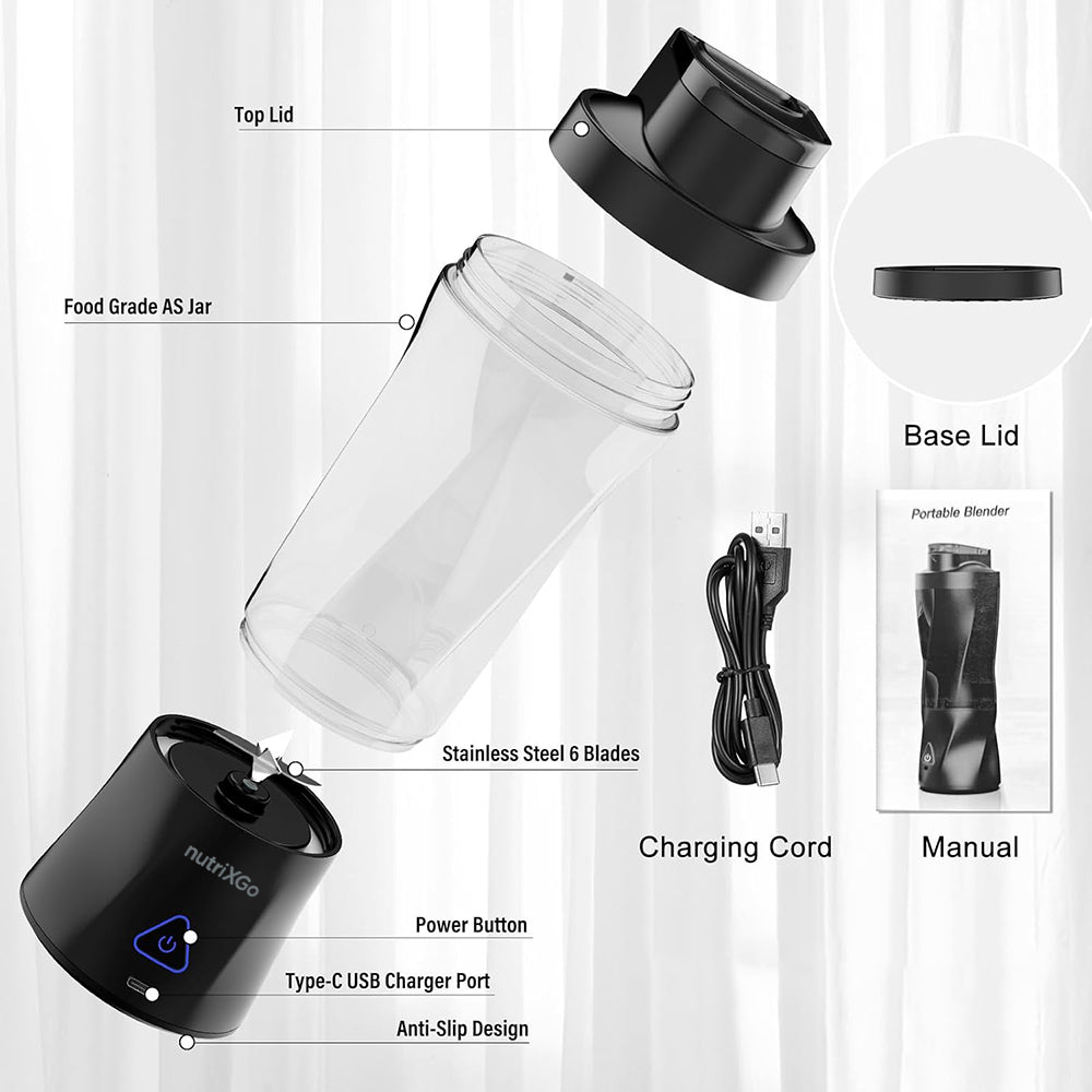 Techsuit - Premium Mini Portable Blender nutriXGo (BP1) - with Type-C Cable, Rechargeable, 700ml, 20000rpm, 6000mAh - Black