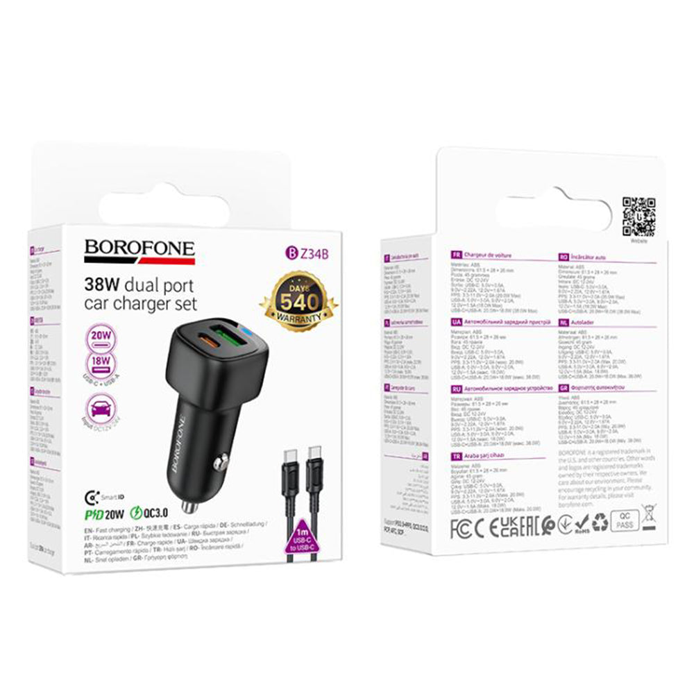 Borofone - Car Charger Cloud (BZ34B) - Type-C Cable Included, Type-C + USB-A, PD20W, QC3.0, Dual Port, 38W, ABS - Black