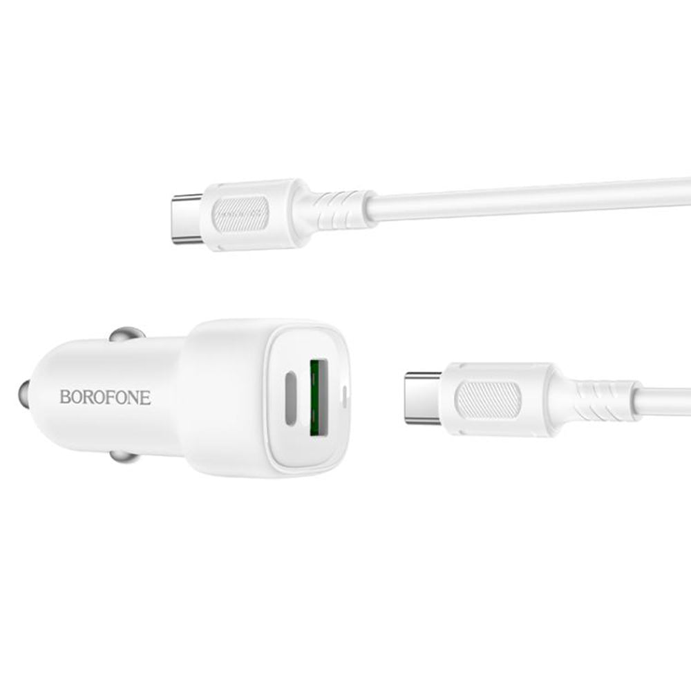 Borofone - Car Charger Cloud (BZ34B) - Type-C Cable Included, Type-C + USB-A, PD20W, QC3.0, Dual Port, 38W, ABS - White