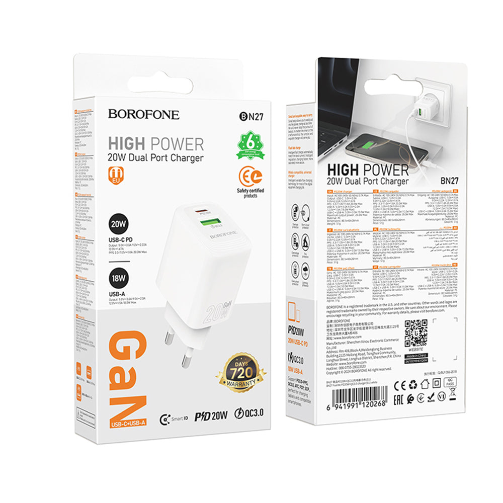 Borofone - Wall Charger Fuente (BN27) - Dual Port, USB + USB-C, PD20W, QC3.0, GaN Technology - White