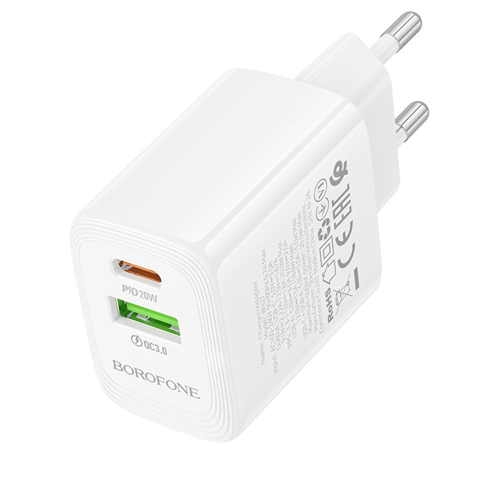 Borofone - Wall Charger Fuente (BN27) - Dual Port, USB + USB-C, PD20W, QC3.0, GaN Technology - White