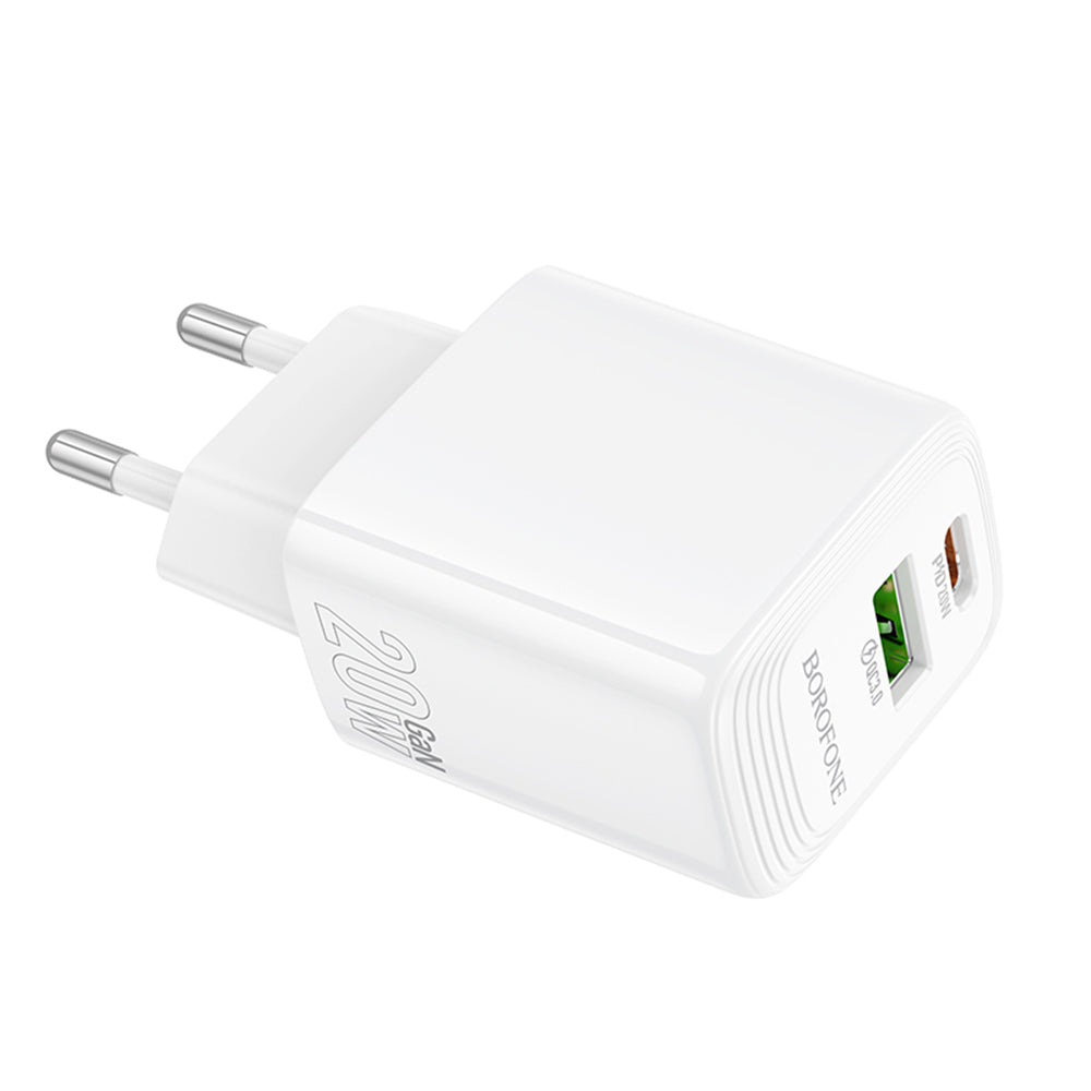 Borofone - Wall Charger Fuente (BN27) - Dual Port, USB + USB-C, PD20W, QC3.0, GaN Technology - White