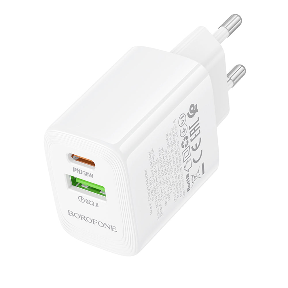 Borofone - Wall Charger Fuente (BN29) - Dual Port, USB + Type-C, PD30W, QC3.0, GaN Technology - White