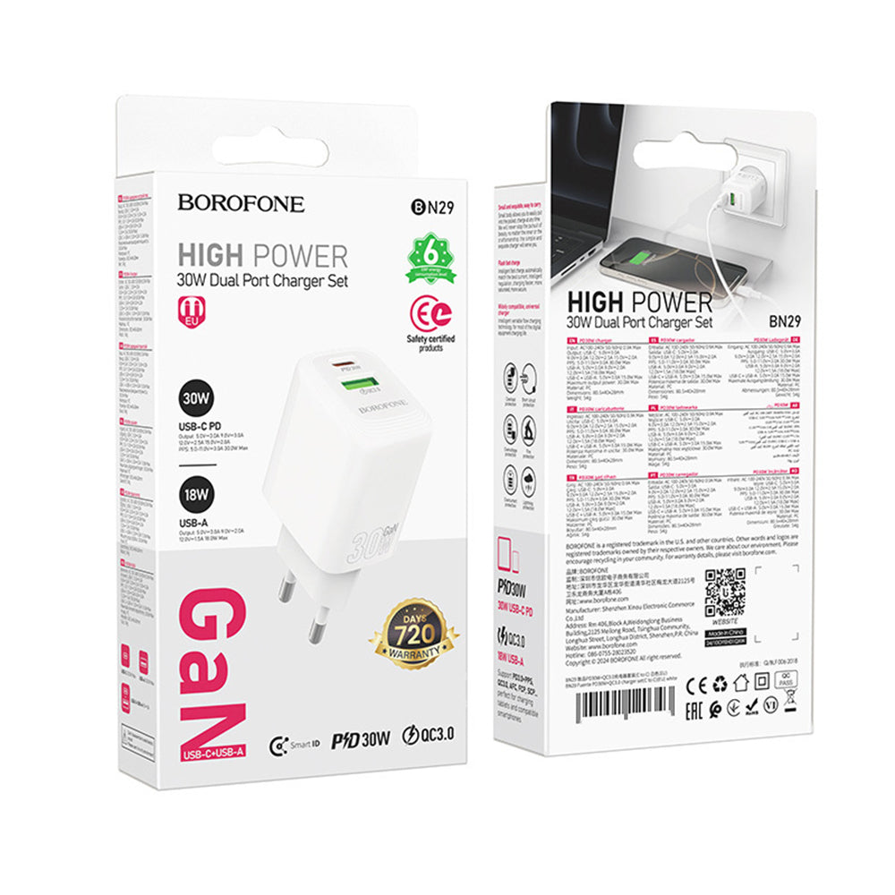 Borofone - Wall Charger Fuente (BN29) - Dual Port, USB + Type-C, PD30W, QC3.0, GaN Technology - White