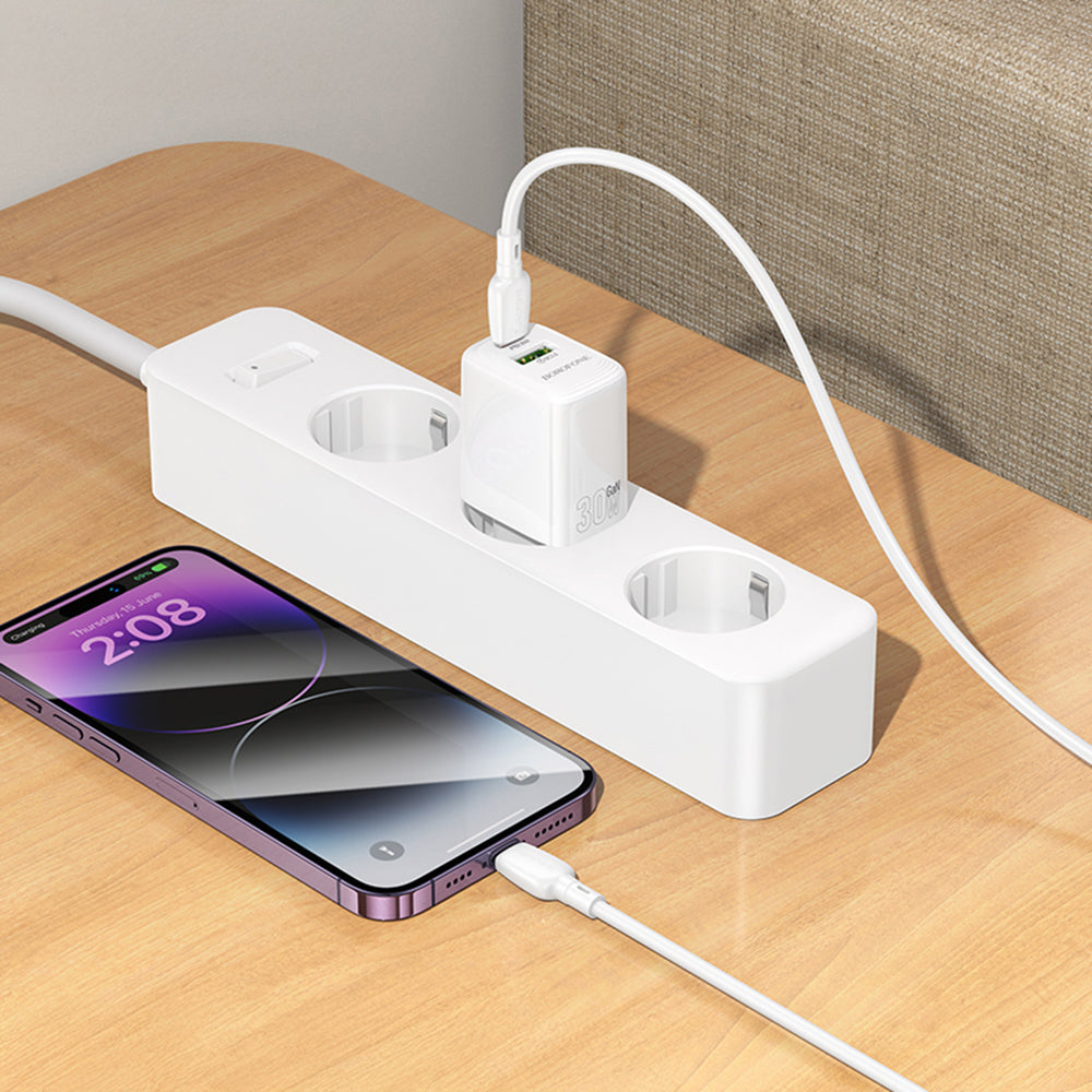 Borofone - Wall Charger Fuente (BN29) - Dual Port, USB + Type-C, PD30W, QC3.0, GaN Technology - White