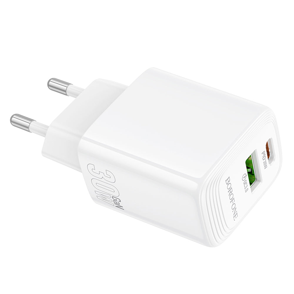 Borofone - Wall Charger Fuente (BN29) - Dual Port, USB + Type-C, PD30W, QC3.0, GaN Technology - White