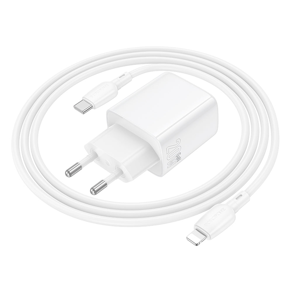 Borofone - Wall Charger Fuente (BN27) - USB-C to Lightning Cable, USB + USB-C, PD20W, QC3.0, GaN Technology - White