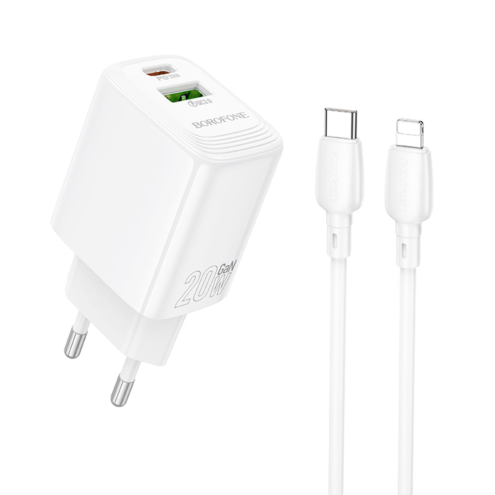 Borofone - Wall Charger Fuente (BN27) - USB-C to Lightning Cable Included, USB-A + USB-C, PD20W, QC3.0, GaN Technology - White