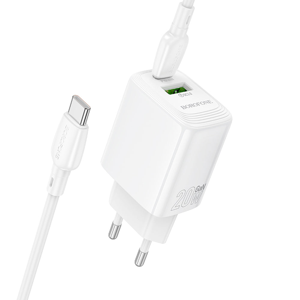 Borofone - Wall Charger Fuente (BN27) - USB-C Cable Included, USB + USB-C, PD20W, QC3.0, GaN Technology - White