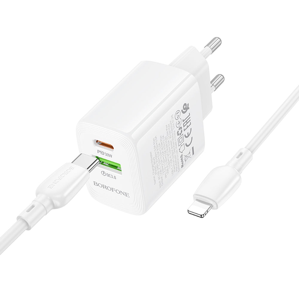 Borofone - Wall Charger Fuente (BN29) - Type-C to Lightning Cable Included, USB + Type-C, PD30W, QC3.0, GaN Technology - White