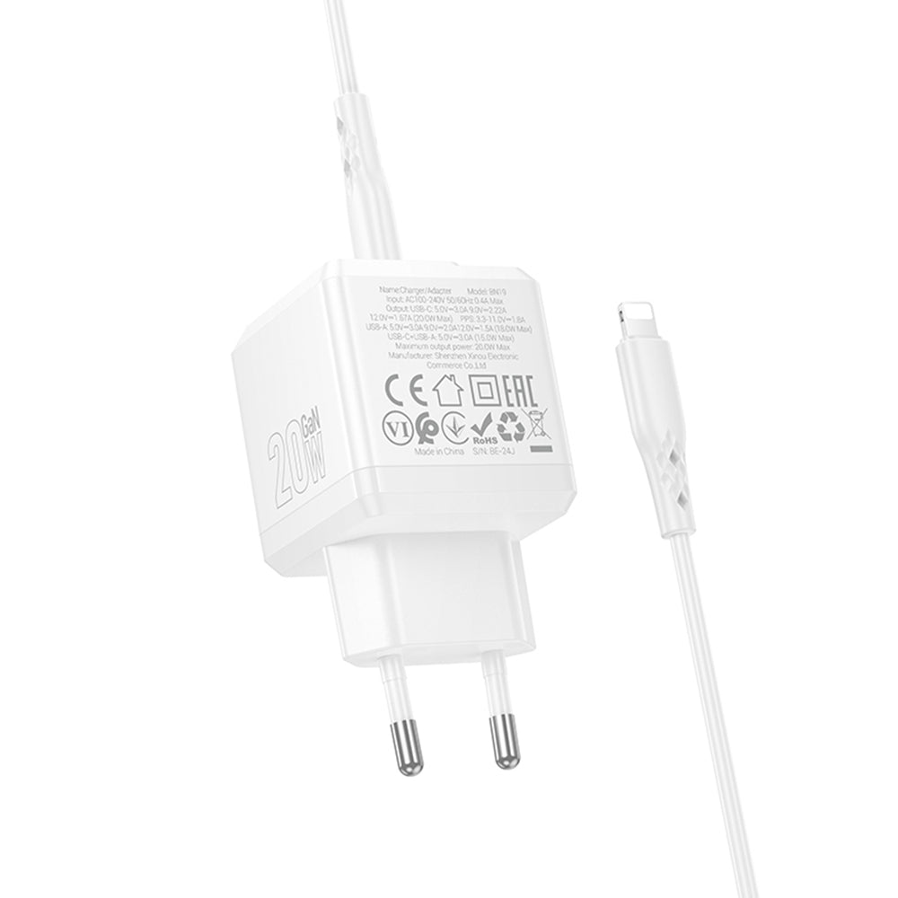 Borofone - Wall Charger Intenso (BN19) - Type-C to Lightning Cable, Dual Port, USB + Type-C, PD20W, QC3.0, 5V/3A - White