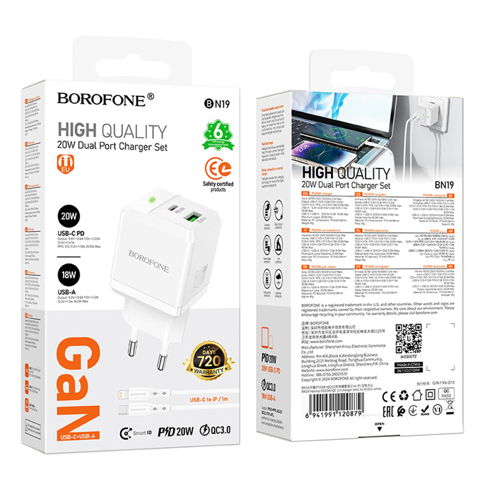 Borofone - Wall Charger Intenso (BN19) - Type-C to Lightning Cable, Dual Port, USB + Type-C, PD20W, QC3.0, 5V/3A - White
