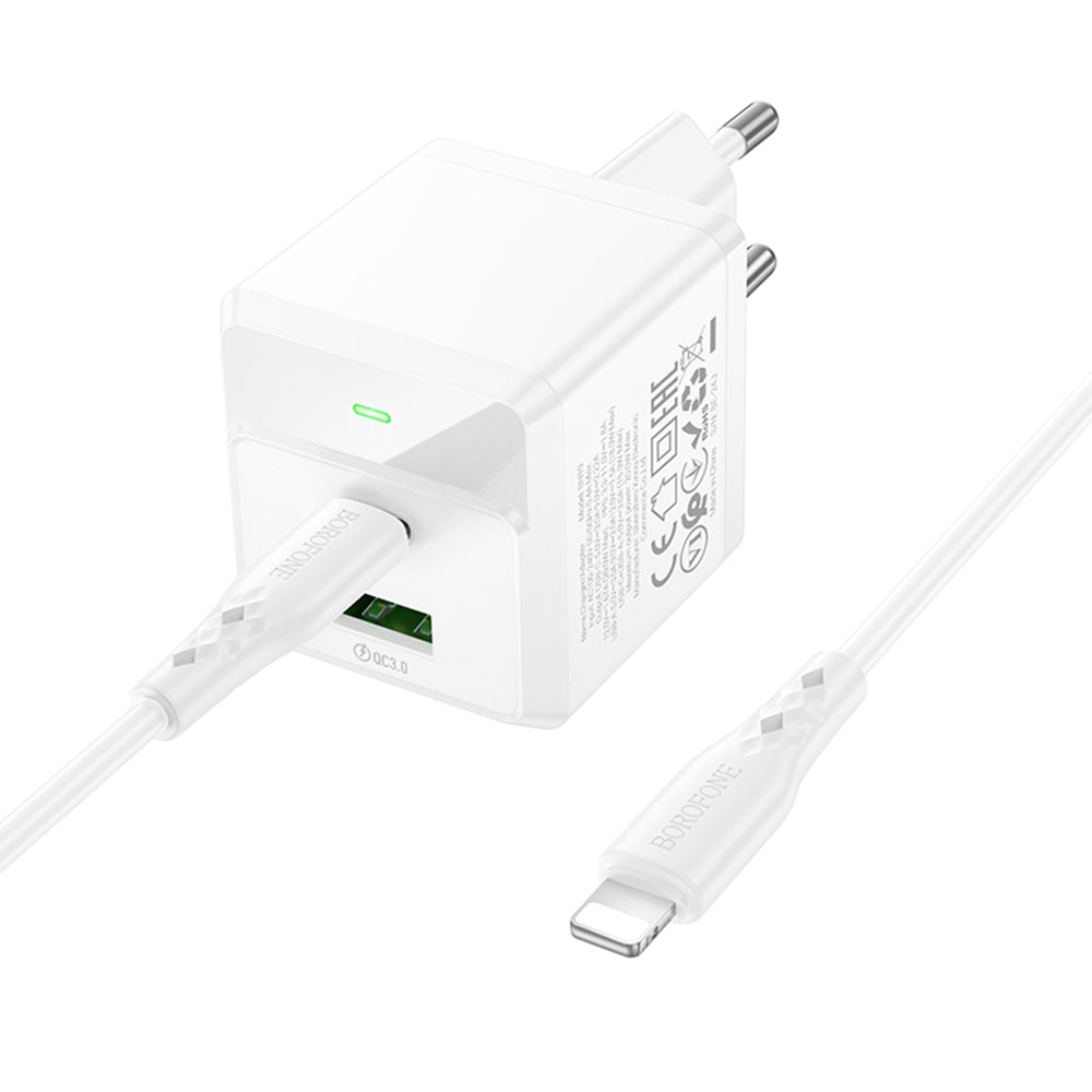 Borofone - Wall Charger Intenso (BN19) - Type-C to Lightning Cable, Dual Port, USB + Type-C, PD20W, QC3.0, 5V/3A - White