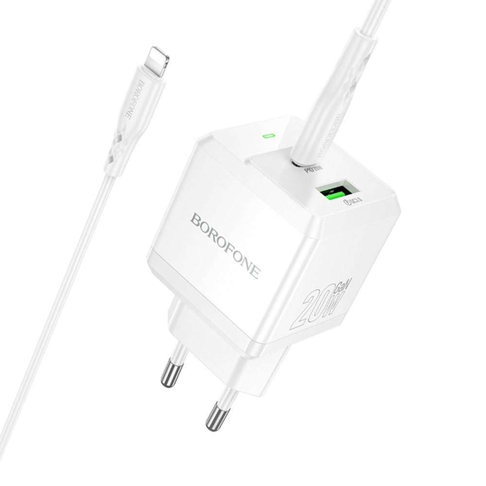 Borofone - Wall Charger Intenso (BN19) - Type-C to Lightning Cable Included, Dual Port, USB + Type-C, PD20W, QC3.0, 5V/3A - White
