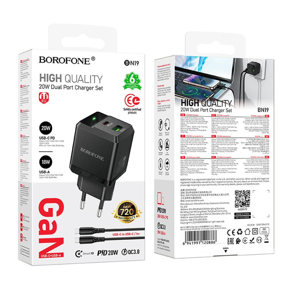 Borofone - Wall Charger Intenso (BN19) - Type-C Cable Included, Dual Port, USB + Type-C, PD20W, QC3.0, 5V/3A - Black