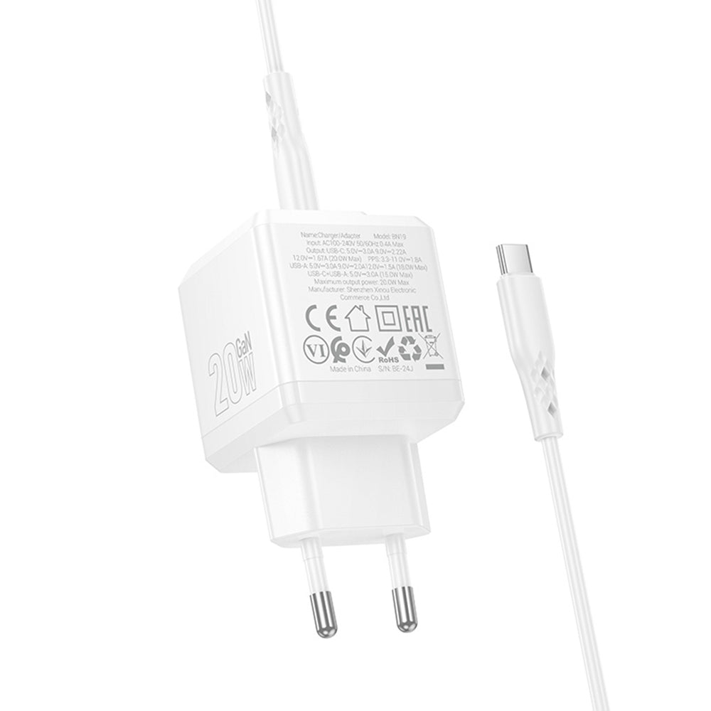 Borofone - Wall Charger Intenso (BN19) - Type-C Cable Included, Dual Port, USB + Type-C, PD20W, QC3.0, 5V/3A - White