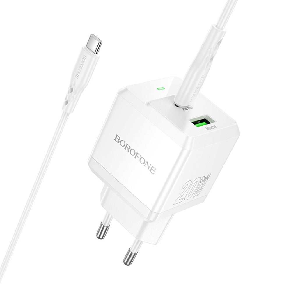 Borofone - Wall Charger Intenso (BN19) - Type-C Cable Included, Dual Port, USB + Type-C, PD20W, QC3.0, 5V/3A - White