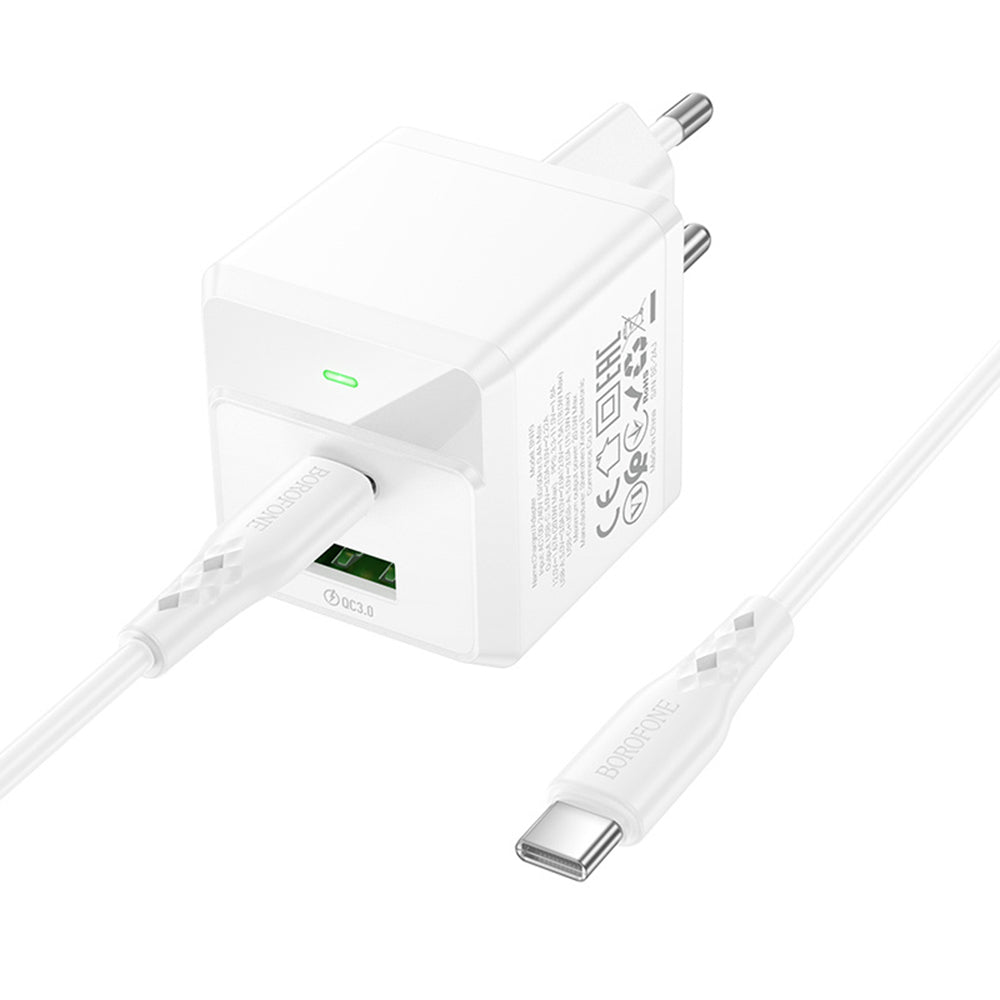 Borofone - Wall Charger Intenso (BN19) - Type-C Cable Included, Dual Port, USB + Type-C, PD20W, QC3.0, 5V/3A - White