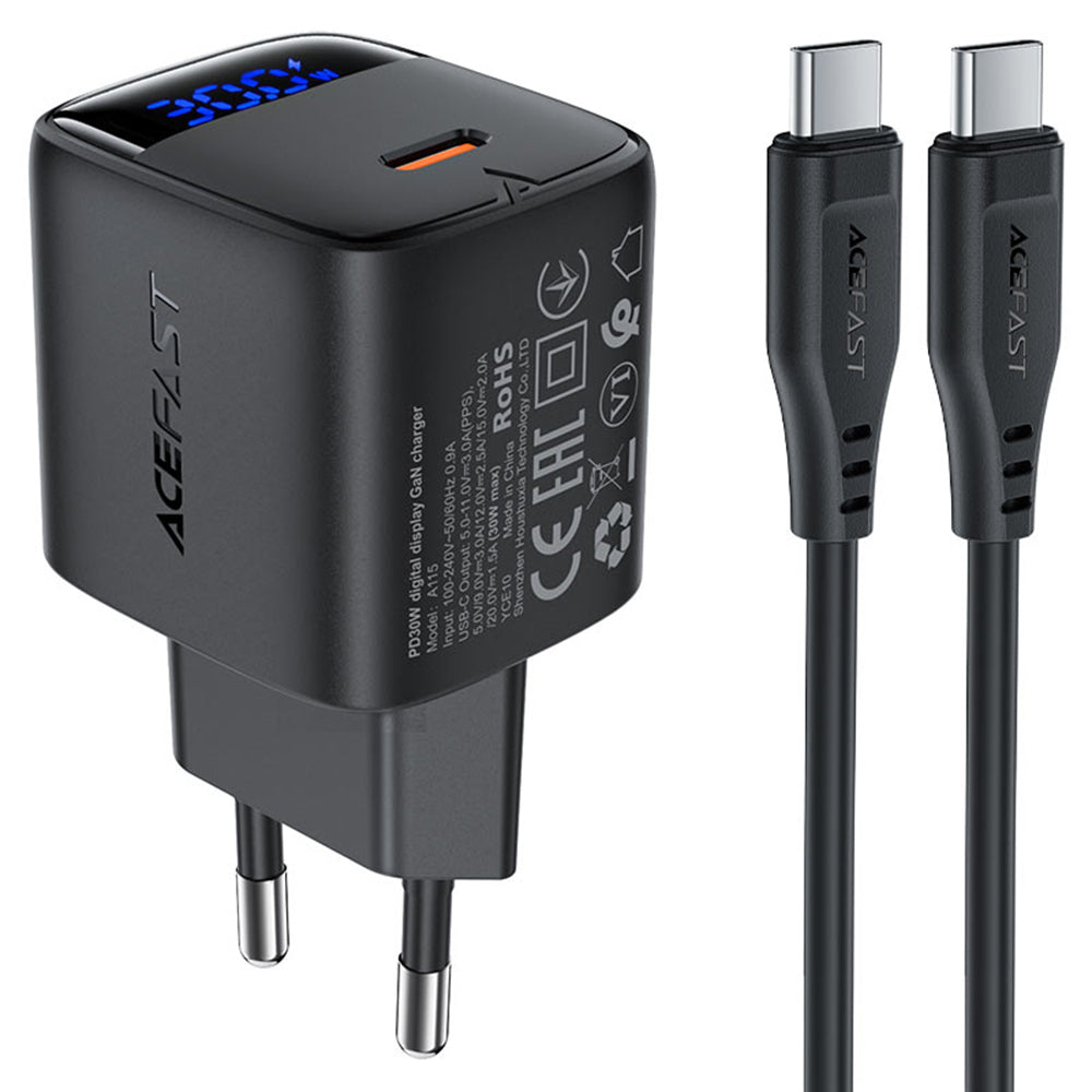 Acefast - Wall Charger (A115) - with Digital Display, Fast Charging, GaN, Type-C, PD30W, with USB-C Cable, 1.2m - Black
