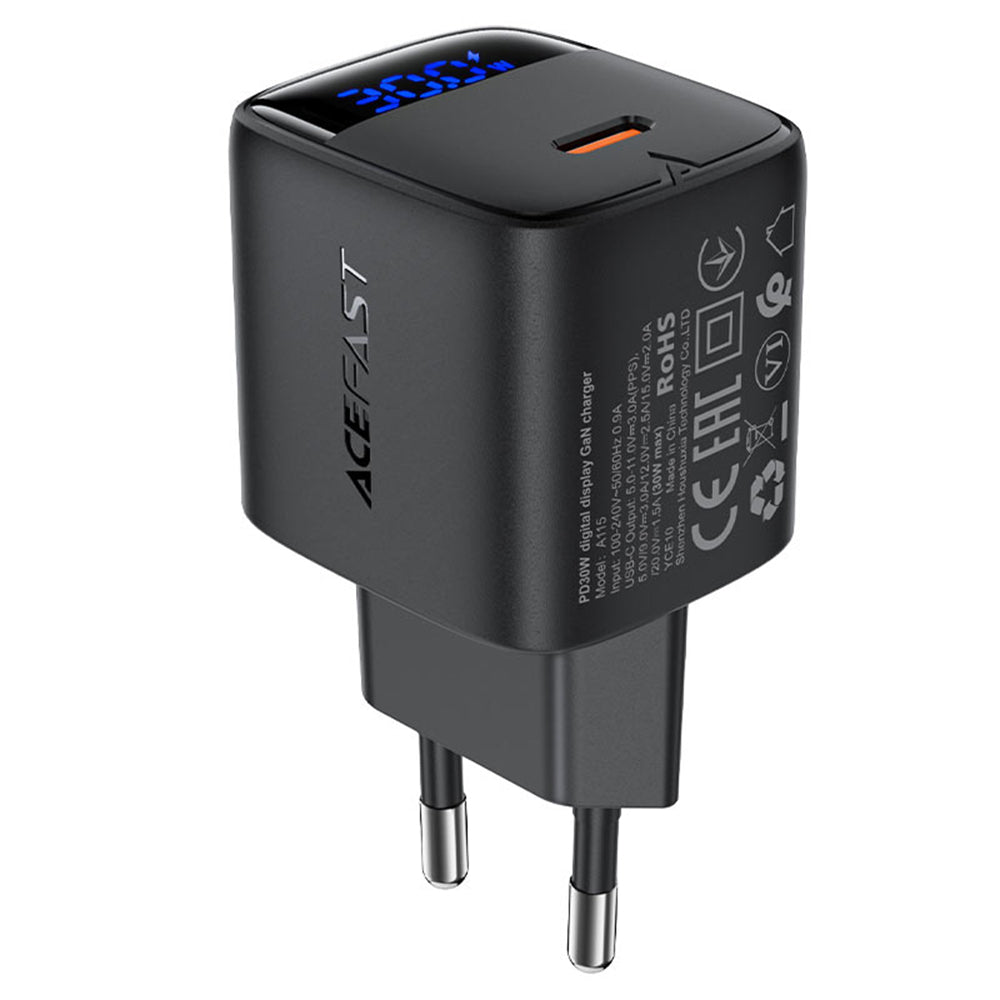 Acefast - Wall Charger (A115) - with Digital Display, Fast Charging, GaN, Type-C, PD30W - Black