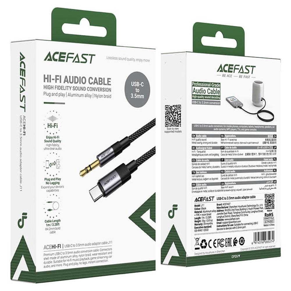 Acefast - Audio Cable (J11) - Mini Jack 3.5mm to Type-C, Aluminum + Nylon Braided, Hi-Fi Sound, Plug & Play, 1m - Black
