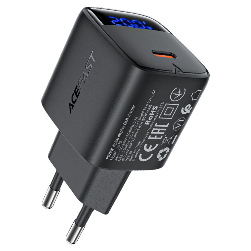Acefast - Wall Charger (A113) - with Digital Display, Fast Charging, GaN, Type-C, PD20W - Black