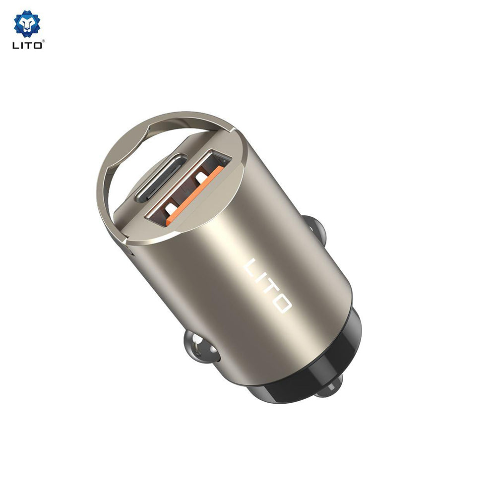 Lito - Car Charger (IN-C03) - 1x USB, 1x Type-C, 30W, Fast Charging, Ultra-Mini & Sleek Design, Universal - Gunmetal