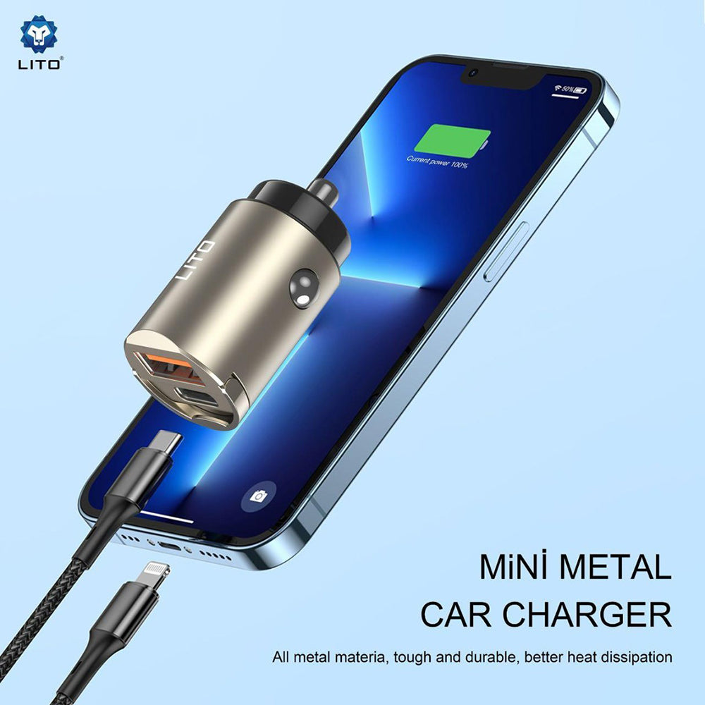 Lito - Car Charger (IN-C03) - 1x USB, 1x Type-C, 30W, Fast Charging, Ultra-Mini & Sleek Design, Universal - Gunmetal