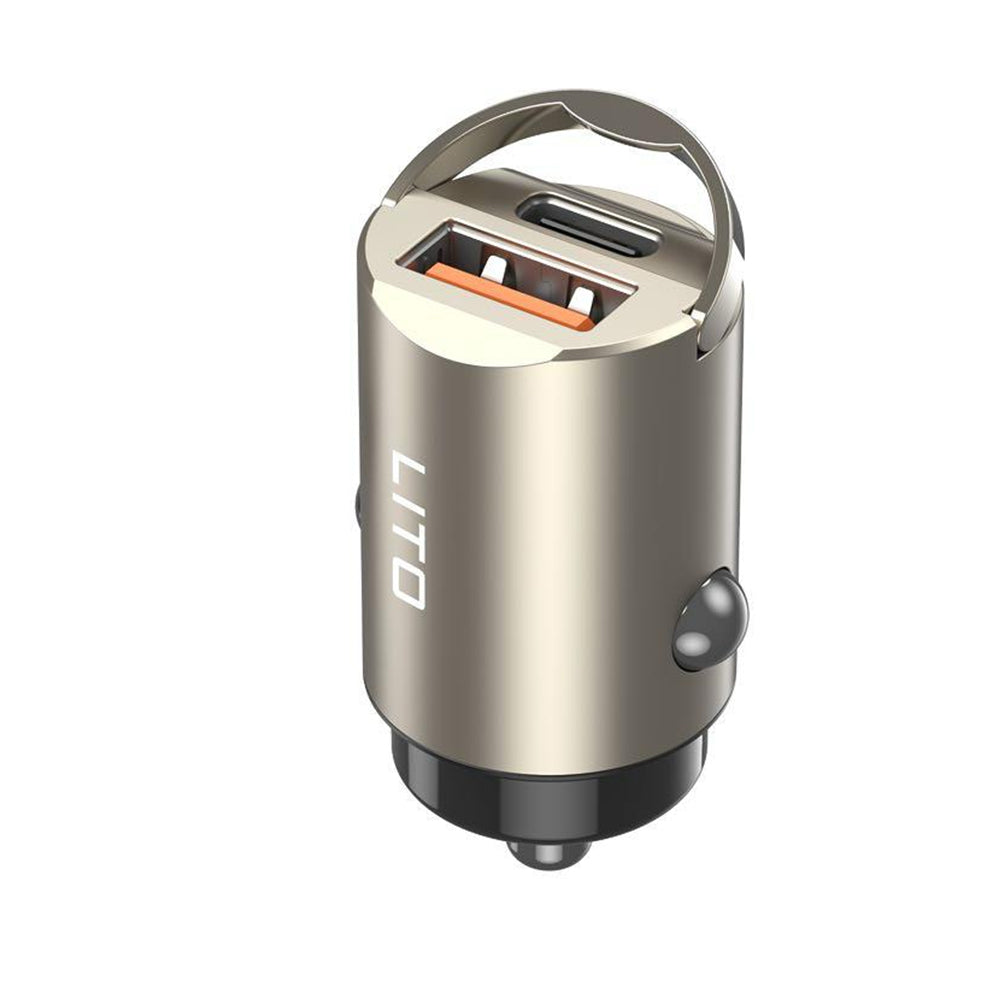 Lito - Car Charger (IN-C03) - 1x USB, 1x Type-C, 30W, Fast Charging, Ultra-Mini & Sleek Design, Universal - Gunmetal
