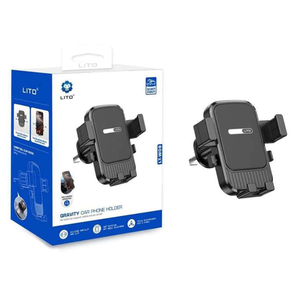 Lito - Car Holder (LT-W08) - Air Vent, One-Hand Auto Lock/Release, Gravity Design, Triple-reinforced Clip, 360° Rotation - Grey