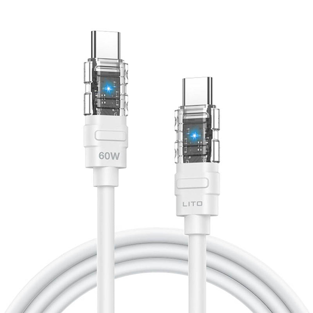 Lito - Data Cable Mechanical (LD05) - Type-C to Type-C, Fast Charging 60W, Transparent Head, LED - White
