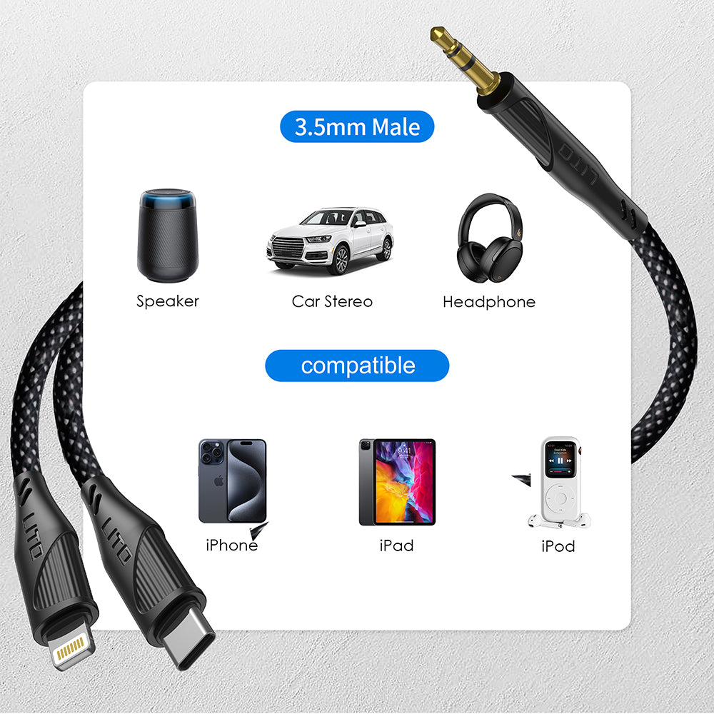 Lito - Audio Cable Adapter (LA02) - Jack to Jack 3.5mm, Zero Signal Loss, Nylon-braided, 1m - Black