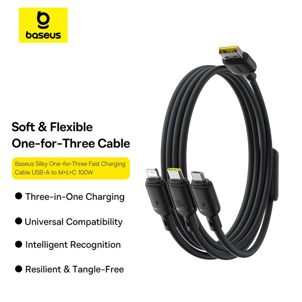 Baseus - Data Cable Silky (P10377705123-00) - Fast Charge, USB to USB-C, Lightning, Micro-USB, 100W, 480Mbps, 1.5m - Black