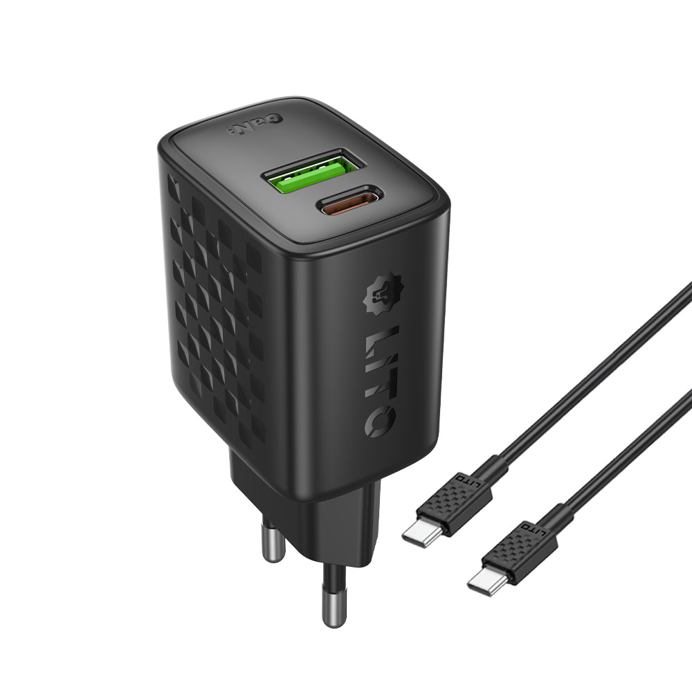 Lito - Wall Charger (LC19T) - with Type-C Cable Included, Type-C, USB Output, PD30W, GaN, PC Fireproof, EU Plug - Black