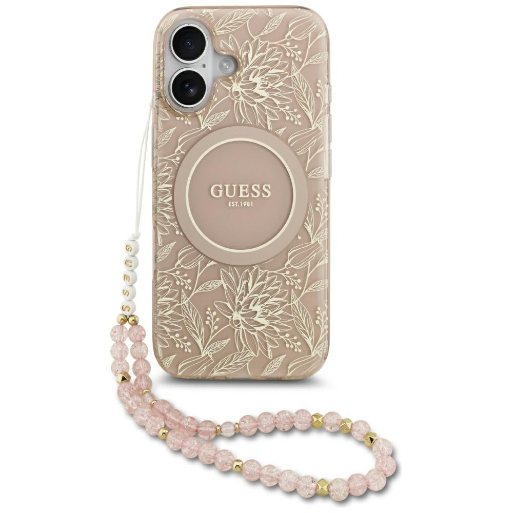 Guess - IML Flowers Allover Electroplated with Pearl Strap MagSafe (GUHMP17SHCPOFPP) - iPhone 17 - Black