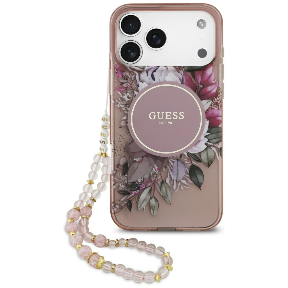 Guess - IML Flowers with Pearl Strap MagSafe (GUHMP17XHFWBRCESP) - iPhone 17 Pro Max - Pink