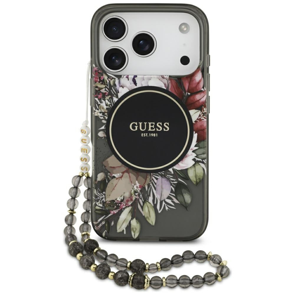 Guess - IML Flowers with Pearl Strap MagSafe (GUHMP17LHFWBRCESK) - iPhone 17 Pro - Black