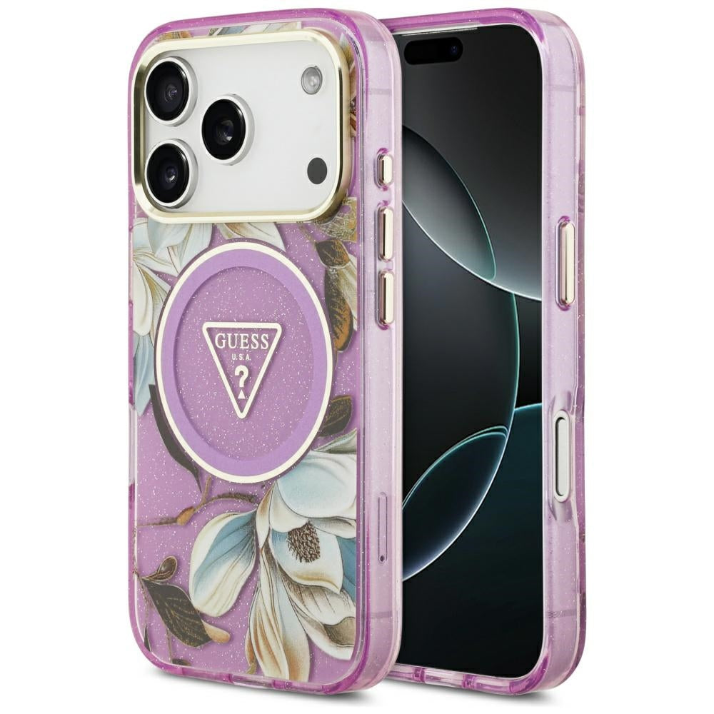 Guess - IML Metal Glitter Flowers Triangle MagSafe (GUHMP17LHFLPEDU) - iPhone 17 Pro - Purple