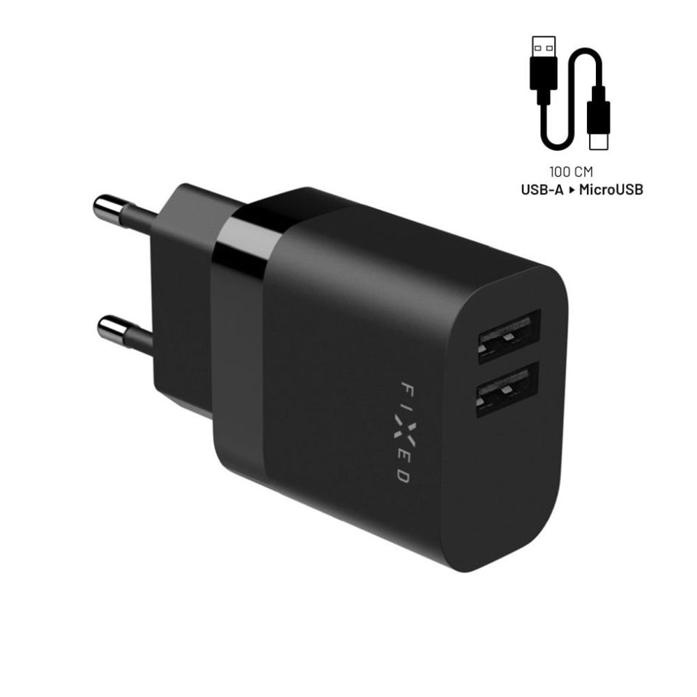 Fixed - Wall Charger (FIXC17N-2UM-BK) - 2x USB, Smart Rapid Charge, 17W, with USB to Micro-USB Cable, 1m - Black