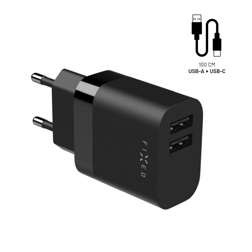 Fixed - Wall Charger (FIXC17N-2UC-BK) - 2x USB, Compact Design, 17W, with Type-C Cable, 1m - Black