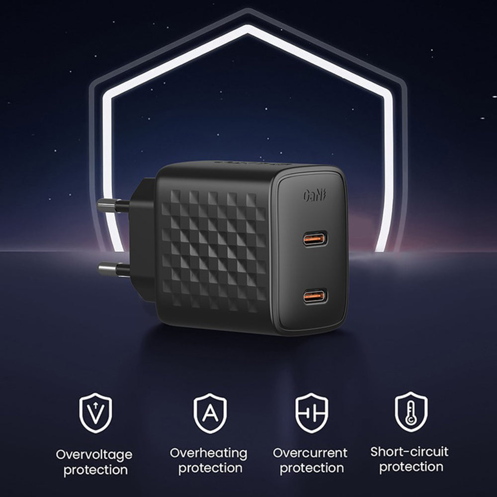 Lito - Wall Charger (LC22) - 2x Type-C Output, PD45W, GaN, PC Fireproof, EU Plug - Black