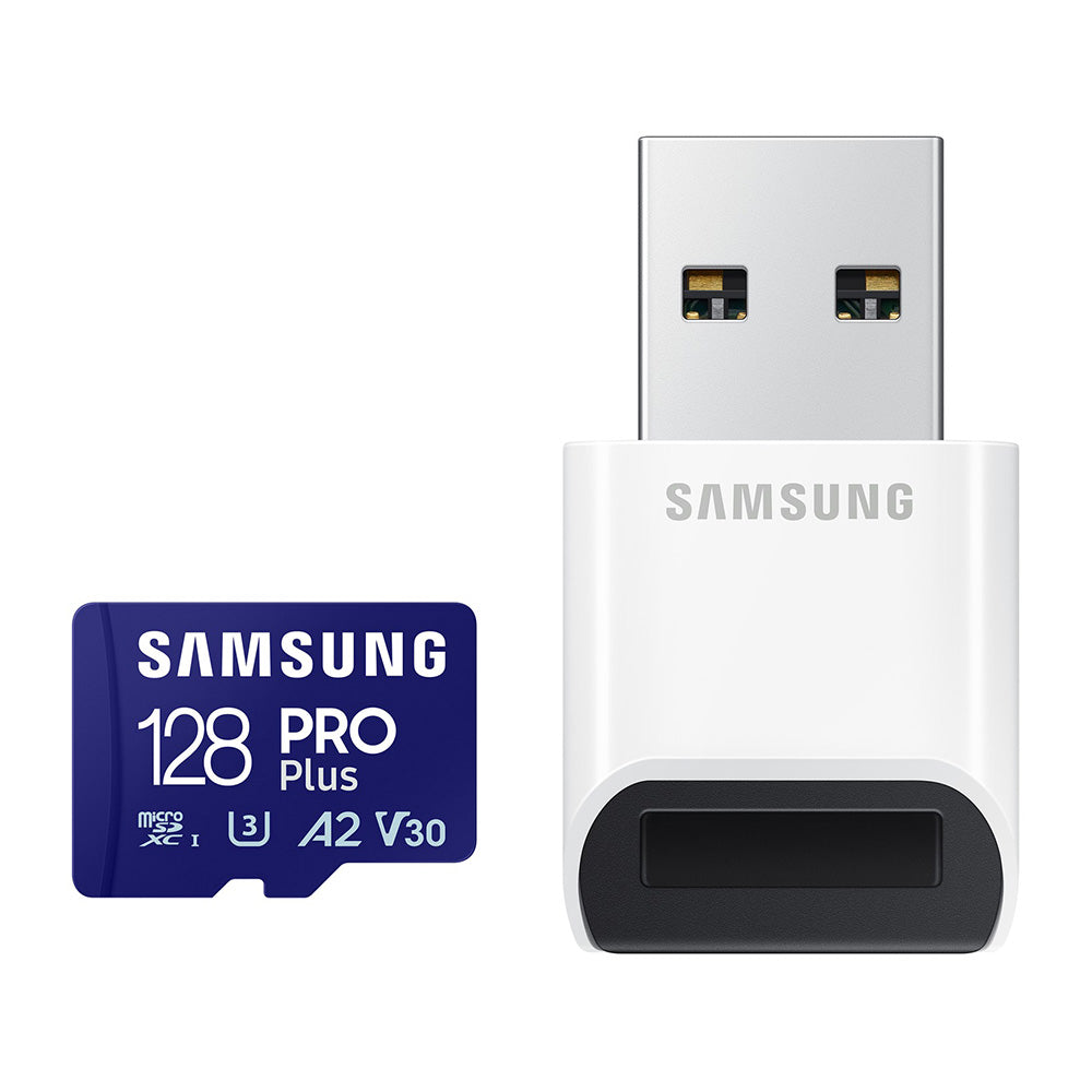 Samsung - Memory Card PRO Plus + Reader (MB-MD128SB/WW) - MicroSDXC, 128GB, UHS-I, U3, V30, A2, 180MB/s - Blue/White