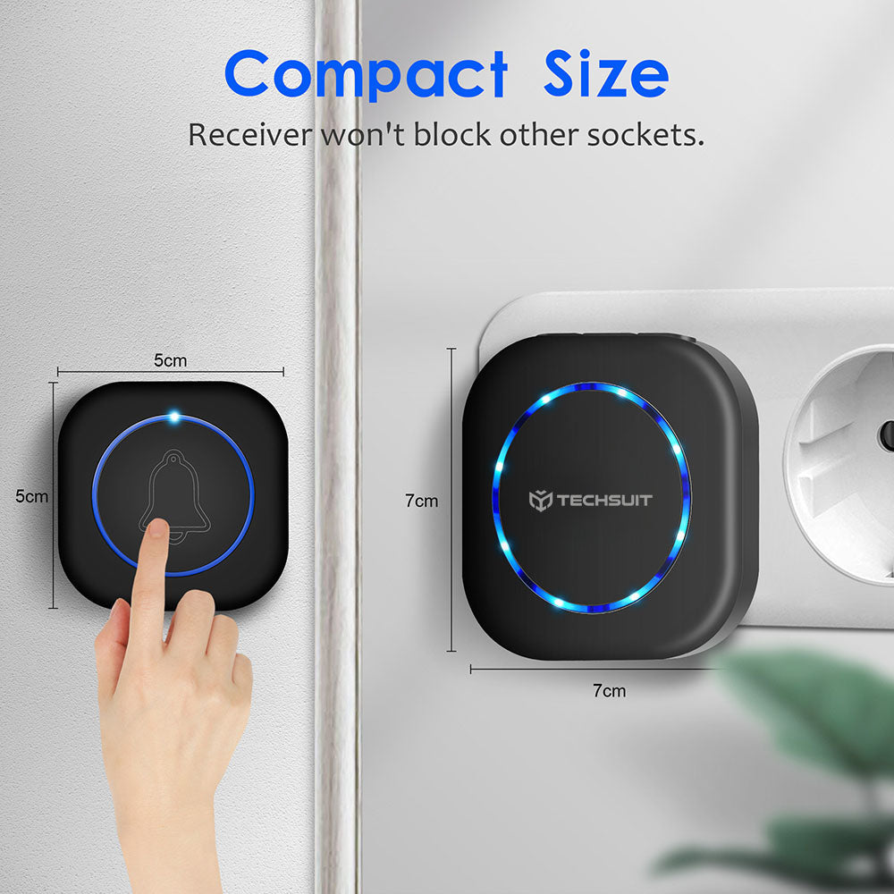 Techsuit - Premium Wireless Doorbell Buzzzly (SU1) - Waterproof, 38 Unique Tune, 4 Volume Levels, 5 Modes Music/Flash - Black