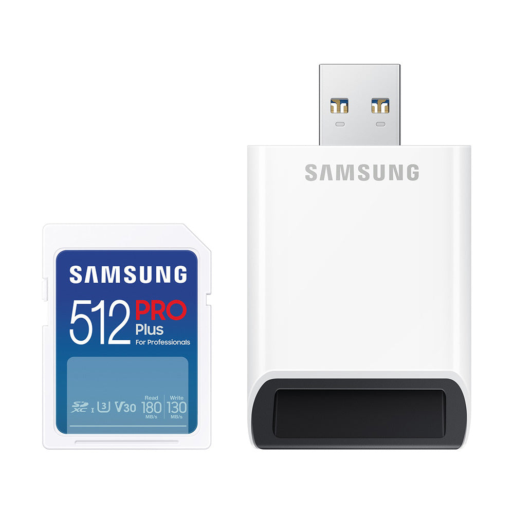 Samsung - Memory Card PRO Plus + Reader Full Size (MB-SD512SB/WW) - SDXC, 512GB, UHS-I, U3, V30, A2, 180MB/s - Blue/White