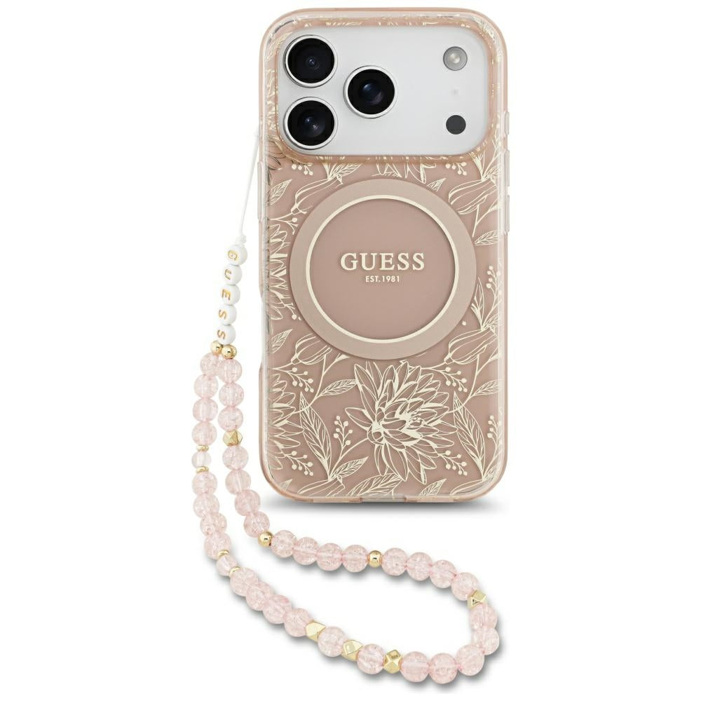 Guess - IML Flowers Allover Electroplated with Pearl Strap MagSafe (GUHMP17LHCPOFPP) - iPhone 17 Pro - Pink